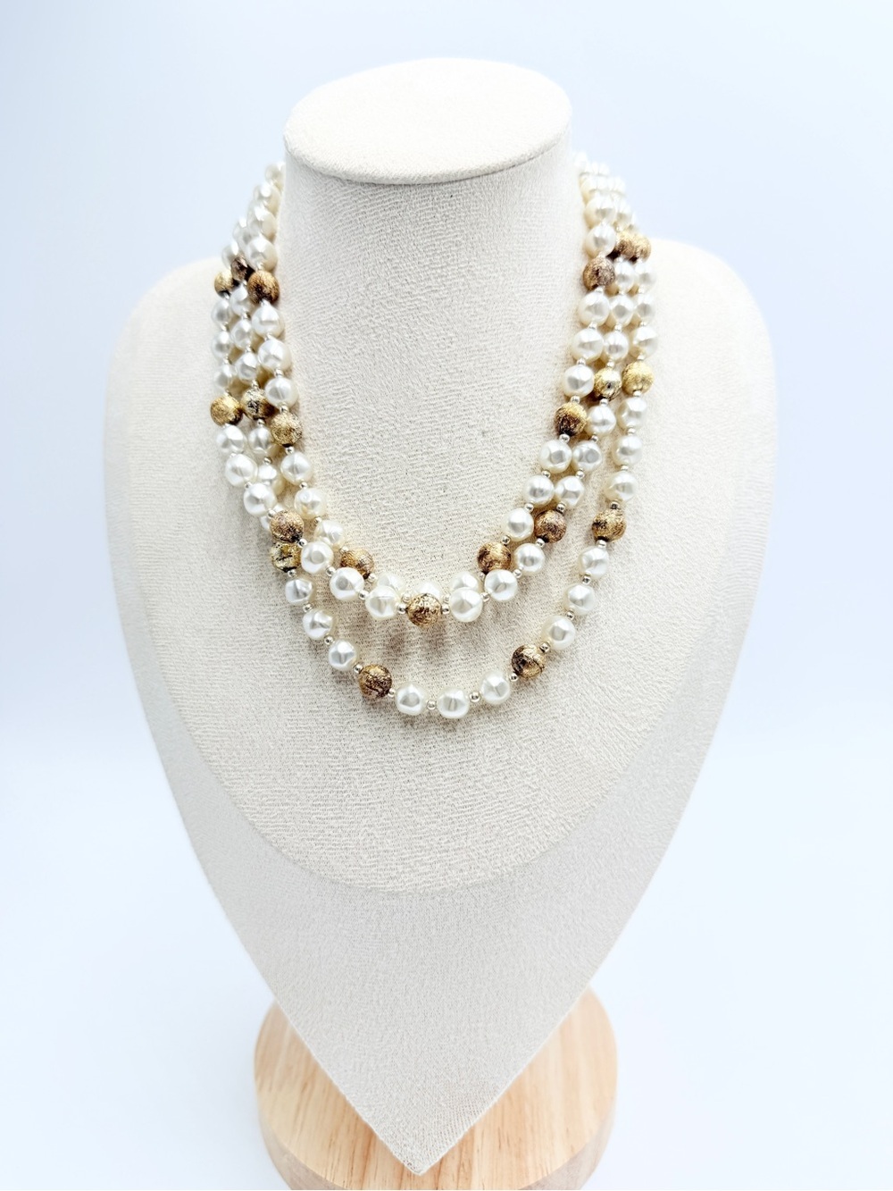 Vintage Japan Triple Strand Faux Pearl & Gold Bead Statement Necklace